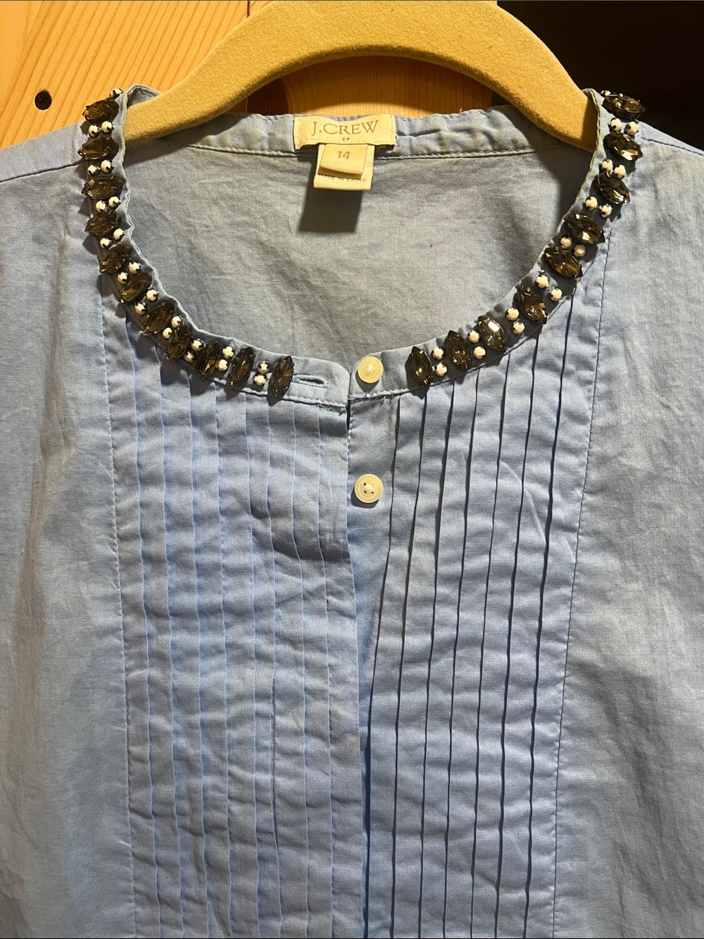 J. Crew Light Blue Pintuck Shirt with Jeweled Collar size 14